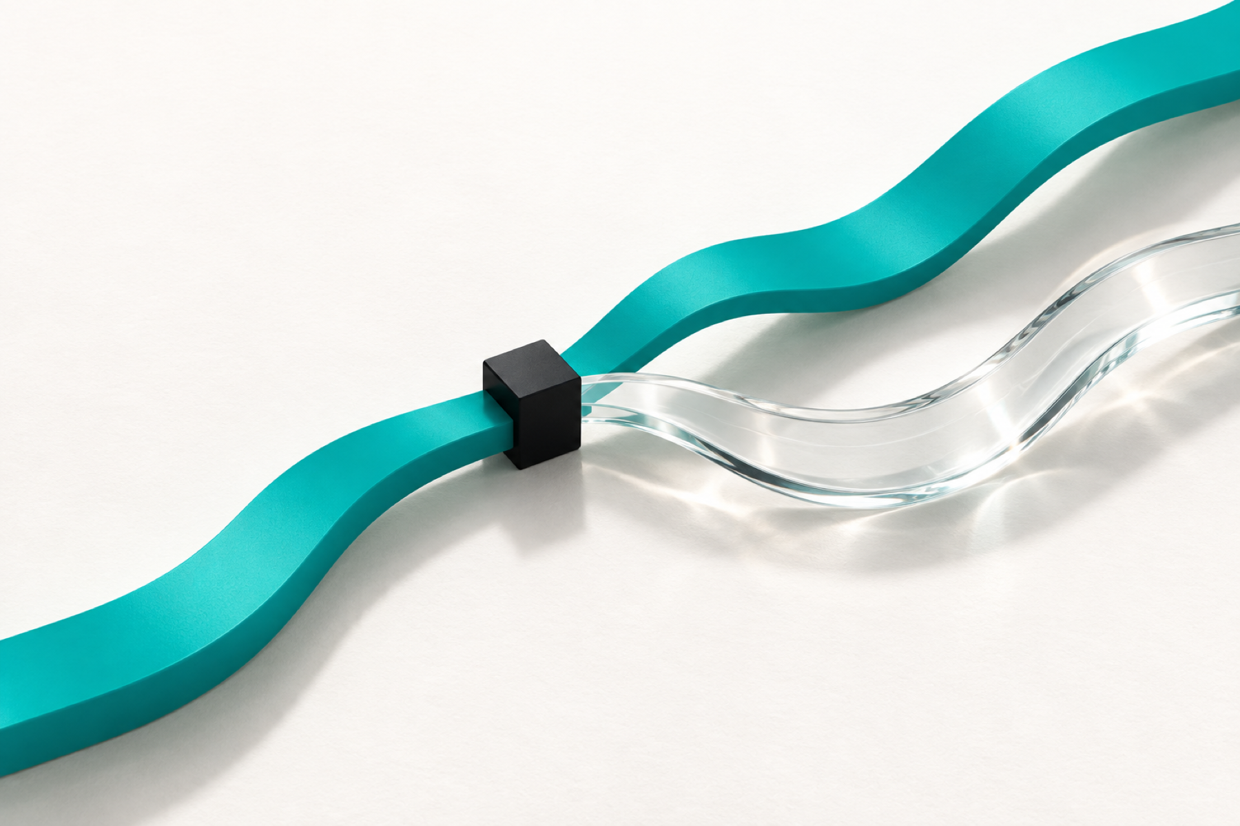 A shared path divides after a black intervention marker into a solid teal actual future and a transparent counterfactual future