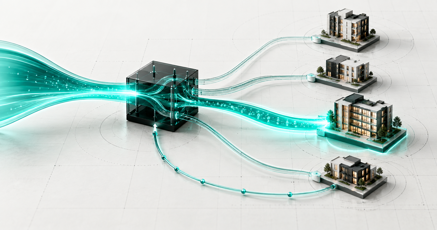 A luminous demand stream enters a glass switchyard and is routed toward multifamily properties