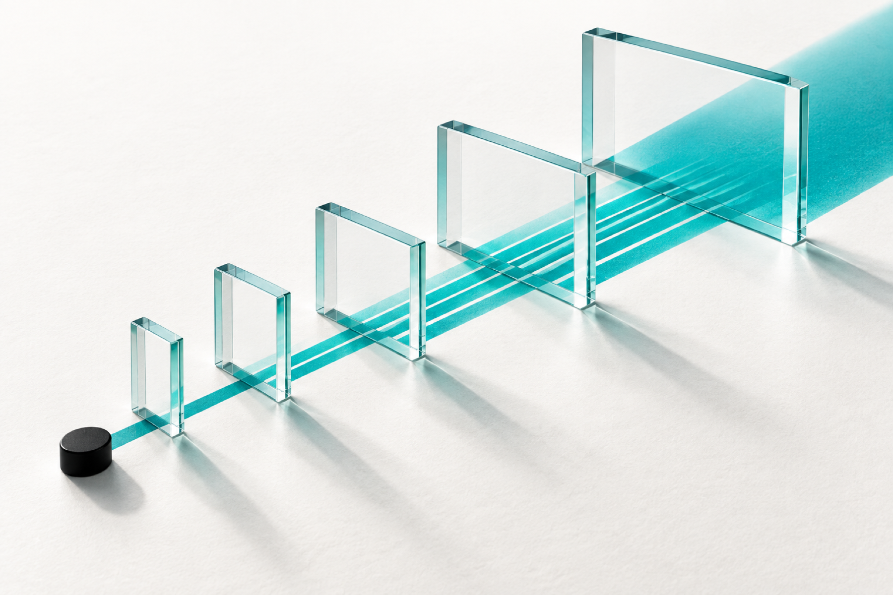 A black decision token approaches progressively wider transparent gates, leaving a teal evidence trail