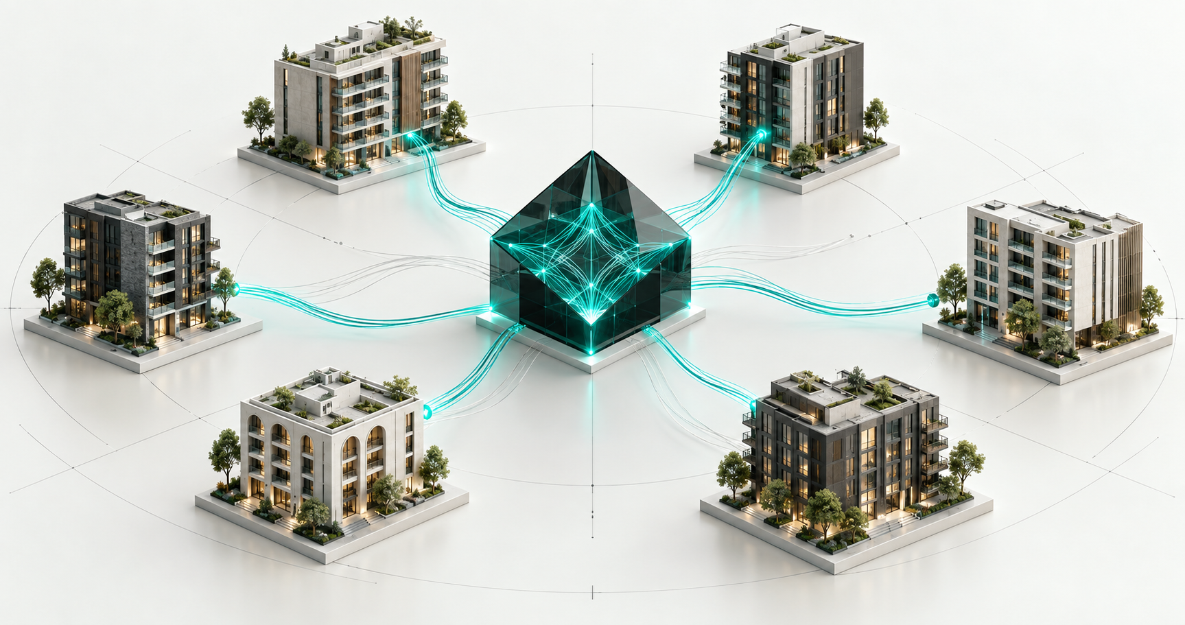 Six multifamily properties exchange selected evidence through a central black-glass portfolio memory