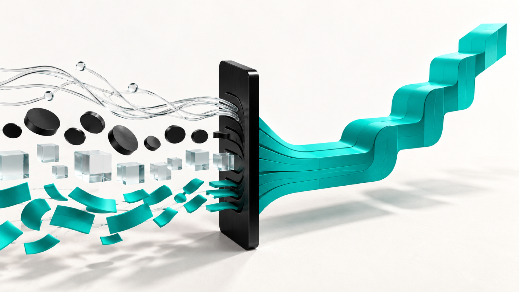 Different glass, black, and teal signals pass through one translation spine and emerge as a unified teal structure